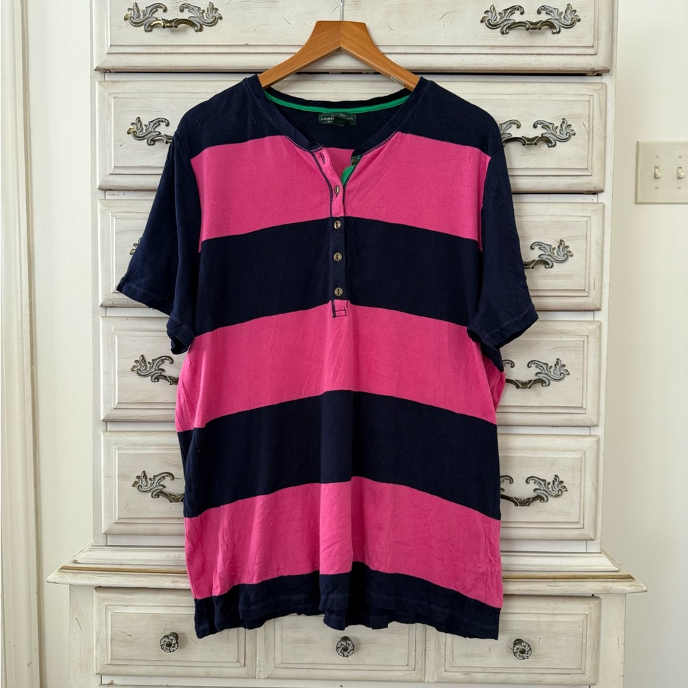 Ralph Lauren 2X Pink and Navy Striped Henley Top